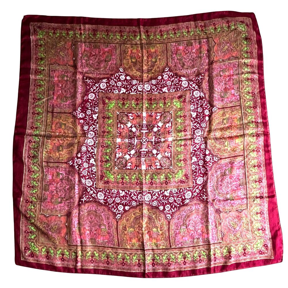 Sheer India Silk Scarf Boho square burgundy red & green paisley ornate elegant